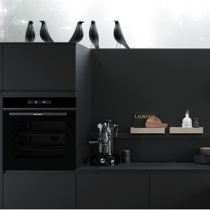 Eine moderne schwarze Küche mit dekorativen schwarzen Vögeln auf dem oberen Regal und einer Espresso-Herdkanne auf der Arbeitsplatte